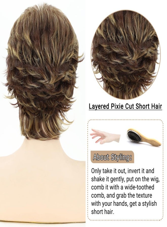 TISHINING Brown Highlight Short Hair Wigs for White Women Shag Layered Brown Mix Blonde Pixie Cut Wig with Bangs Synthetic Natural Looking Daily Party Wig - Image 4